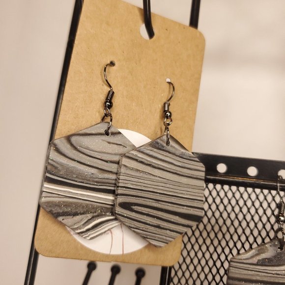 Handmade Womens Gray Black White Mercury Matte Finish Hexagonal Clay Earrings - Picture 2 of 8